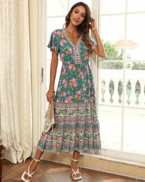 Dresses Happie Queens Women Floral Print Beach Bohemian Maxi Dresses Ladies V Neck Front Button Rayon Boho Pleated Sundress Vestidos