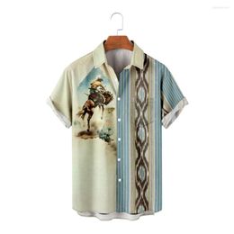 Men's Casual Shirts Hawaiian For Men Cool Cowboy Print Patchwork Short Sleeve Summer Retro Tops Vintage Breathable