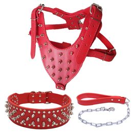 Harnesses Threepiece Rivet Collar Dog Harness Dog Leash Super Cool Antibite Dog Chest Strap Leather Rivet Collar Dog Accessories