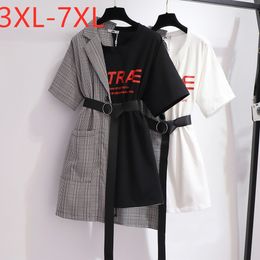 Plus size Dresses Summer Size Mini Dress For Women Large Short Sleeve Loose Casual Plaid Fake Two Pieces 3XL 4XL 5XL 6XL 7XL 230613