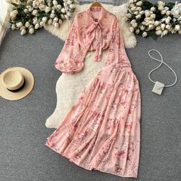 Work Dresses Spring National Wind Floral Skirt Female Bow Collar Lantern Sleeve Shirt Pleated Half-body Two-piece Set