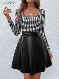 Casual Dresses Spring Houndstooth Short Dress Women Elegant Black Square Collar Faux Leather Fashion A-line In 2023