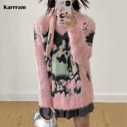 Women's Sweaters Karrram Y2k Aesthetics Mohair Sweater 2000s Harajuku Kawaii Pullover Grunge Fairycore Sweet Jumper Egirl Pink Fuzzy Knitwear 230612