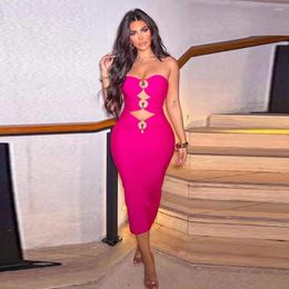 Casual Dresses 2023 Summer Women's Hollow Midi Bandage Dress Rose Red Sexy Strapless Tight Off Back Elegant Club Evening