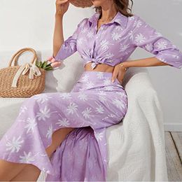Casual Dresses Leaf Printed 2 Pieces Summer Outfit Half Sleeve Women Piece Set Turn Down Collar Elegant Style Vacation Clothing