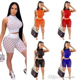 Womens Clothing Tracksuits Sexy Hollow Out Perspective Slim Fit Sleeveless Set Two Piece Sportwear