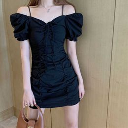 Casual Dresses Lucyever Ruched Puff Short Sleeve Mini Dress Woman Korean Style Slim Fit Bodycon Dress Women Sexy Lace Up VNeck Sling Dresses Z0612