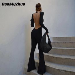 Women's Jumpsuits Rompers Y2K Sexy Backless O Neck Stretchy Bodycon Jumpsuits Women Casual Backless Flare Pants Solid Black Slim Rompers Streetwear 230613