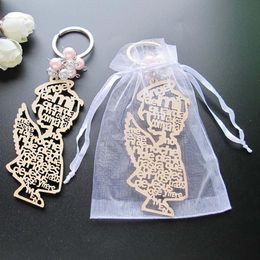 Key Rings 12Pcs Baptism Wood Design Keychain Favors with Angel for Girl Pink Recuerdos de Bautizo Christening with Organza Gift Bags Gift 230613