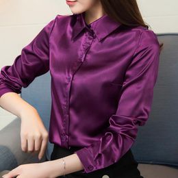 T-Shirt Stinlicher Satin Silk Shirt Women Autumn Long Sleeve Elegant Work Wear Tops Korean Fashion Purple Green Blue Blouse Shirt