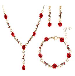 Pendants Retro French Red Rose Flower Bracelet Earrings Pendant Necklace Set For Female Women Ladies Girls Personality Earring Drop D Otyi8