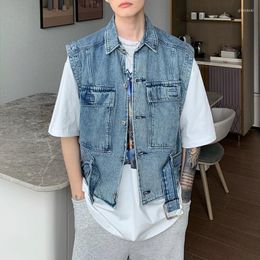 Men's Vests High Street Trendy Casual Sleeveless Jacket With Belt Large Pocket Denim Vest Men's Waistcoat Japanese Spring Jackets Chic