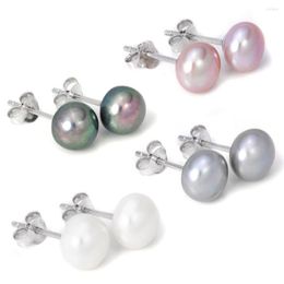 Stud Earrings 925 Sterling Silver 8-8.5mm Real Freshwater Pearl White Grey Black Purple Natural For 1 Pair