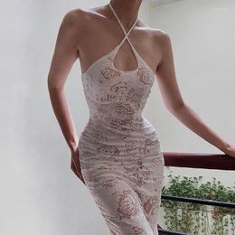 Casual Dresses Fashion Jacquard Hollow Out Sheer Midi Dress For Women 2023 Elegant Sleeveless Halter Vestido Solid Clothes