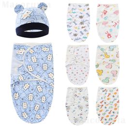 Blankets Swaddling born Cotton Waddle Wrap Hat Baby Receiving Blanket Bedding Cartoon Cute Infant Sleeping Bag for 06 Months Accessories 230613