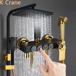 Bathroom Shower Heads Thermostatic Shower Set Square Head SPA Rainfall Shower System Bathroom Wall Mount Black Bath Faucet Cold Mixer Copper Tap 230612