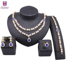 Women Wedding Bridal Gold Color Statement Crystal Zircon Pendant Necklace Earring Bracelet Ring Party Accessories Jewelry Set