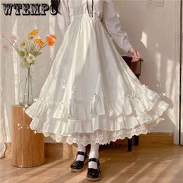 Skirts Japanese Solid Colour Double Layer Vintage French Ruffled A-line Skirt Hepburn Style Black White Half Skirt Female Long Skirts 230612