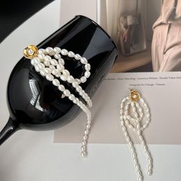 Stud Earrings French High-end Retro Freshwater Millet Grain Pearl Flower Tassel Long