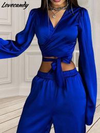 Pants Women Satin Trousers Twopiece Sets Flared Sleeves Laceup Crop Top Loose Pant Suits Fashion Solid Colour Casual Female Outfits