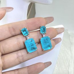 Stud Earrings Trendy Paraiba Sapphire Princess Rectangle Full Diamond For Women Geometric Zirconia Valentine's Day Gift Jewellery