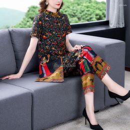 Ethnic Clothing 2023 Summer Retro Cotton Linen Fashion Casual Printed Tang Suit Improved Chinese Style Cheongsam Top Pants Two-piece Set S84