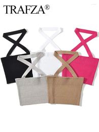 Women's Tanks TRAFZA 2023 Summer Fashion Y2K Pullover Knitted Tank Tops Woman Sexy Women Cross Halter Top Sling Vest Camis Mujer