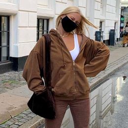 Women's Hoodies Aesthetic Brown Women Vintage Zip Up Sweatshirt Spring Jacket Clothes Pockets Long Sleeve Hooded Pullovers