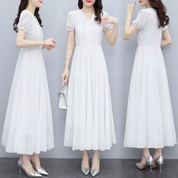TingYiLi Lace Trim V-neck Women Summer Dress Holiday Beach Boho Long Dress Korean Elegant Ladies Black White Chiffon Dress