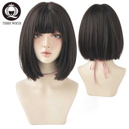 Spitzenperücken 7JHH WIGS Schwarze kurze Bob-Perücke für Mädchen zum täglichen Tragen, synthetische Perücke im neuen Stil, natürliche, geschmeidige, hitzebeständige Sommerperücke mit Pony Z0613