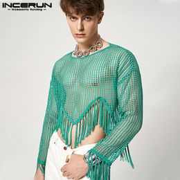 Men's T-Shirts Men T Shirt Mesh Tassel O-neck Long Sleeve Transparent Camisetas Sexy Streetwear Party Fashion Men Clothing S-5XL INCERUN 7 230613