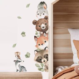 Cartoon Door Stickers Forest Animals Bear Rabbit Watercolour Wall Sticker for Kids Room Baby Nursery Room Wall Decals Home Decor