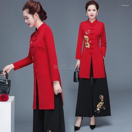 Ethnic Clothing 2023 Chinese Casual Suit For Women Cheongsam Button Design Top Loose Retro Embroidery Wide-leg Pants Fashion Set G620