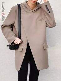 Women's Suits LANMREM Fashion Irregular Hooded Blazers For Women Slit Long Sleeves Coats Korean Style Office Lady Clothing 2023 2YA3128