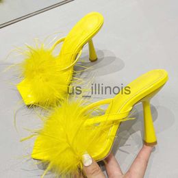Slippers Liyke Summer Fashion Yellow Fluffy Furry Women Slippers Mules High Heels Slides Female Gladiator Sandals Party Banquet Shoes J230613