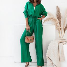 Women's Two Piece Pants Wepbel Loose Shirt Wide Leg Casual Sets Pleated Straight Solid Colour Women Trousers Tops Clothing