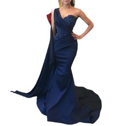 Classy Navy Blue Mermaid Beaded Evening Dresses One Shoulder Appliqued Prom Gowns Sweep Train Satin Plus Size Formal Dress