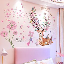Deer Animal Wall Stickers Decor DIY Flowers Plants Wall Decals for Kids Rooms Baby Bedroom Kindergarten Nursery Home Decoration