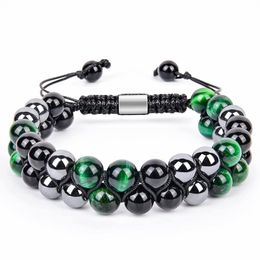 hand braided 8mm black onyx hematite Green tiger eye stone bracelet Double woven adjustable gemstone beaded bracelet
