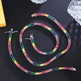 Necklace Earrings Set ThreeGraces Fashion Multicolor Cubic Zirconia Small Square CZ Tennis And Bracelet Jewelry For Women TZ881