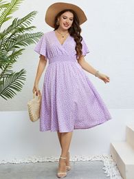 Plus size Dresses Size Women's Dress Wrap V Neck Short Flare Sleeve Summer Robe Elastic Waist A Line Bohemian Mini Sundress Clothing 230613