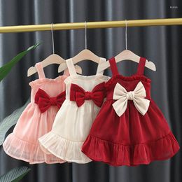 Girl Dresses 2023 Summer Baby Girls' Yarn Suspended Fairy Bow Tie Lace Dress Children's Sweet Cute Kirt Trend Kids Clothes