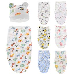 Blankets Swaddling born Cotton Waddle Wrap Hat Baby Receiving Blanket Bedding Cute Cartoon Infant Sleeping Bag for 012 Months Accessories 230613