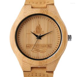 Wristwatches Bamboo Natural Wood Men Watch Minimalist Quartz Watches Genuine Leather Strap Casual Sports Clock St. Petersburg Exquisite Gift