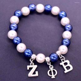 Charm Bracelets Stretch White Blue 10 Mm Pearl Beads Greek Letters Zeta Phi Beta ZOB Society Women Jewelry