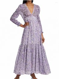 Casual Dresses Runway Fashion 2023 Autumn Winter Vintage Dress Women Purple Floral Frock V-Neck Single Breasted High Quality Holiday Party