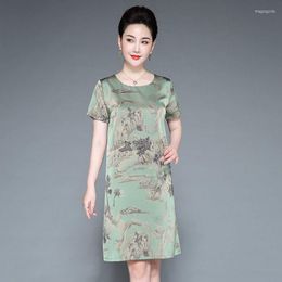 Ethnic Clothing 2023 Summer Chinese National Style Round Collar Short Sleeve Printed Silk Dress Women's Mid-length Elegant Daily Robe