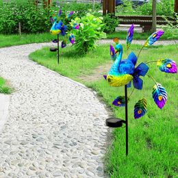 Solar Birds Windmill Light 3D Iron Wind Spinners Ground Plug Colorful Lighting Ornaments Home Decor For Courtyard Garden