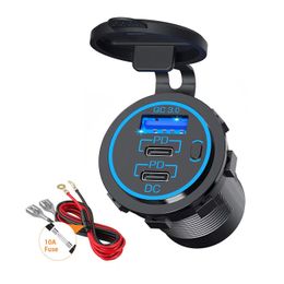 USB C Car Charger Socket 12V 24V USB Outlet RV USB Outlet Dual PD USB-C QC3.0 Car USB Port with Button Switch for Car RV Boat Motorcycle ATV