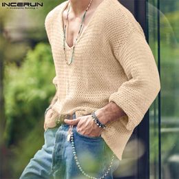 Men's T-Shirts INCERUN Men T Shirt Solid Colour Knitted V Neck Long Sleeve Casual Men Clothing Streetwear Hollow Out Loose Camisetas S-5XL 230613